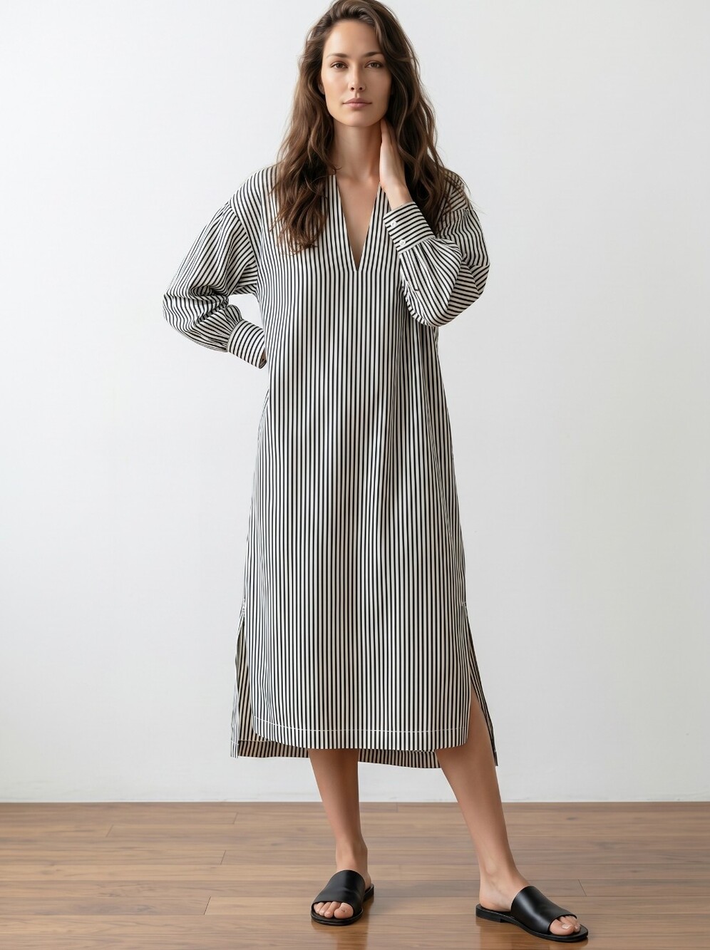 Maria McManus Striped Black & White Deep V-Neck Midi Shirt Dress Size M